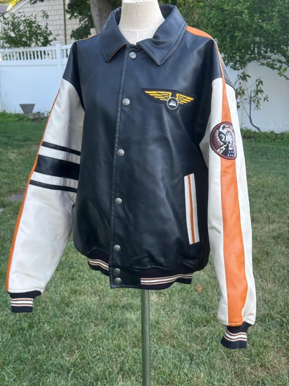 Vintage First Down Flying America Leather Bomber Jacket Flight Varsity Men XXL